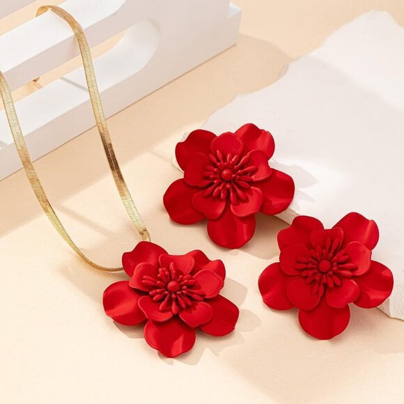 Vintage Flower Necklace Earring Set Gold Snake Chain Bridal Summer Jewelry - Picture 4 of 6